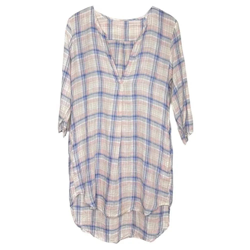 CP Shades Pastel Plaid Linen Split Neck Long Tunic Top Size XS - Picture 3 of 9